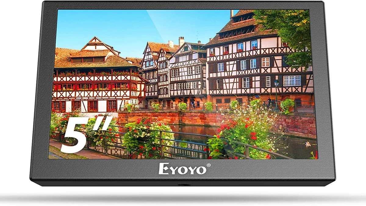 Small silver 5 inch monitor with metal housing and 140 degree viewing angle