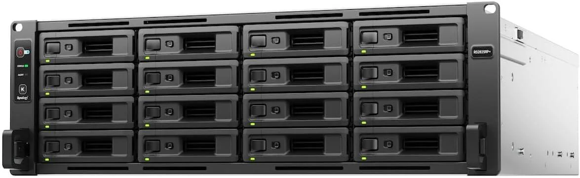 Silver 3U rackmount chassis with sixteen front drive bays and redundant power supplies