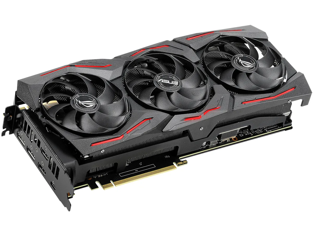 ASUS ROG STRIX RTX 2070 SUPER graphics card with triple-fan cooler in dark metal finish