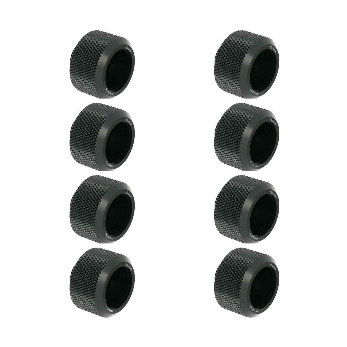 Eight black brass compression fittings with diamond knurling for 16 mm hard tube