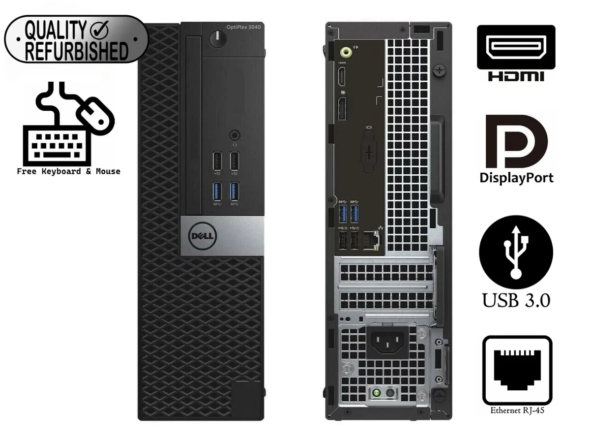 Black Dell OptiPlex 3040 SFF tower with USB keyboard and mouse