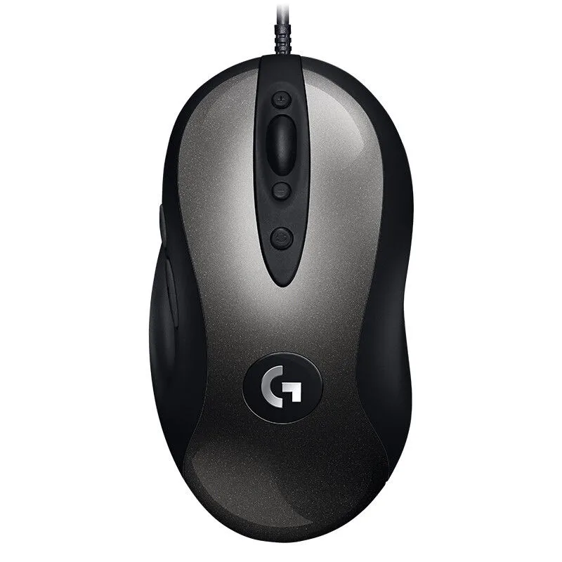Black right-handed wired gaming mouse with glossy keyplate and scroll wheel