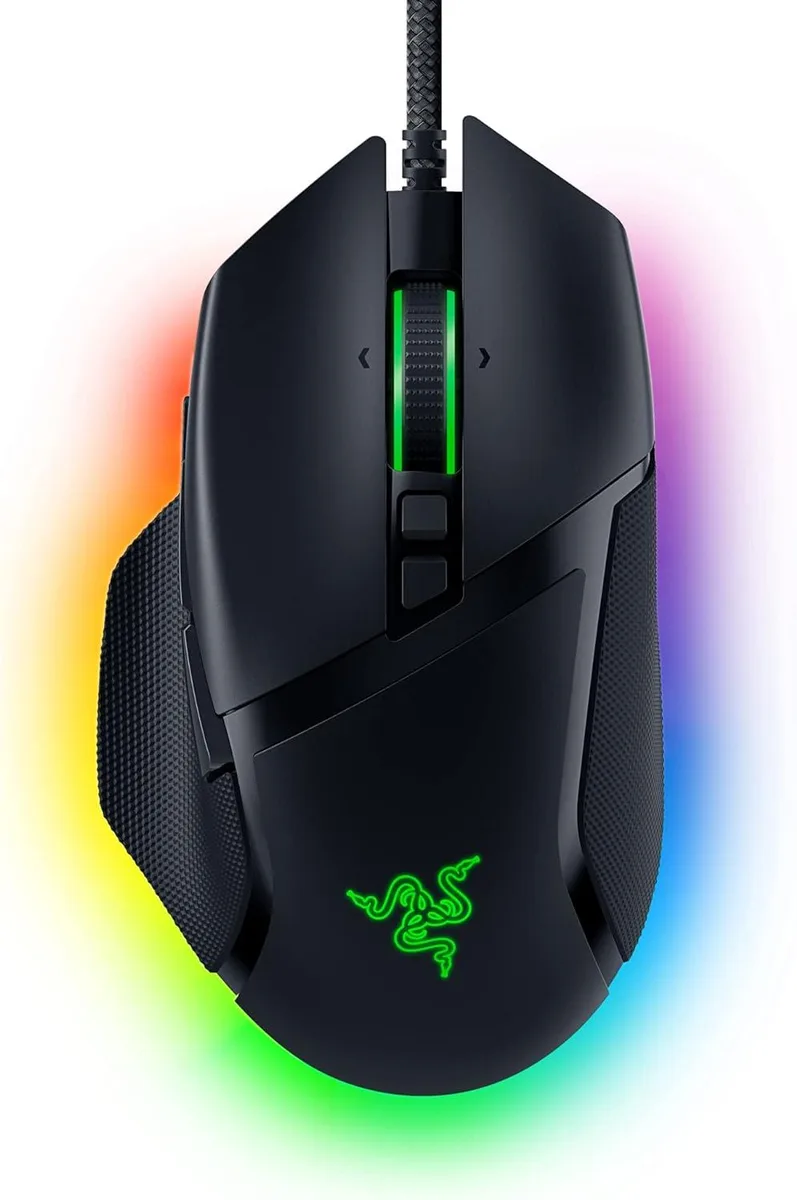 Classic black ergonomic gaming mouse with thumb rest, 11 buttons, tilt scroll wheel, RGB lighting zones