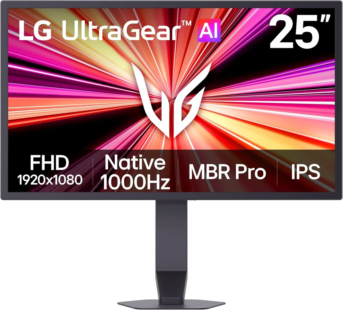 Black 25-inch flat IPS gaming monitor on compact height-swivel-tilt stand