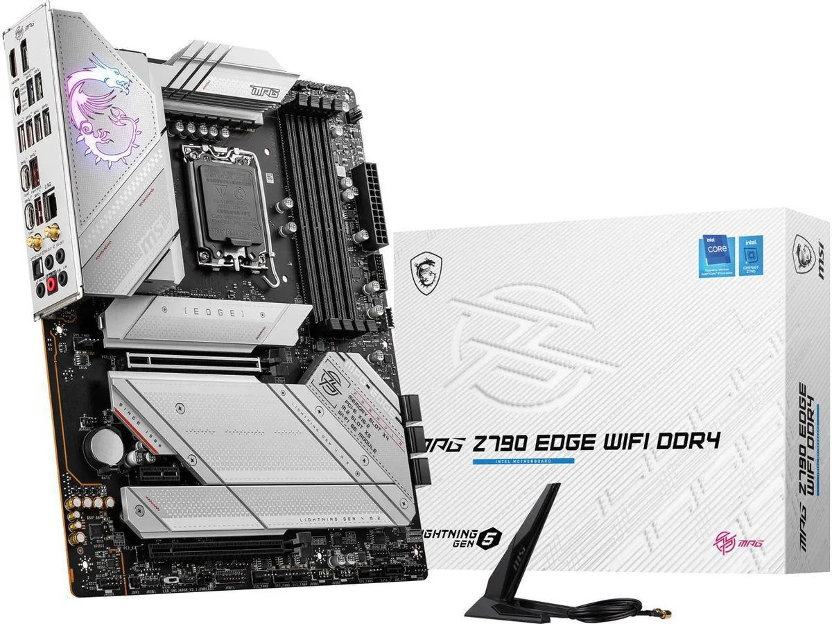 ATX motherboard with silver heatsinks and black PCB