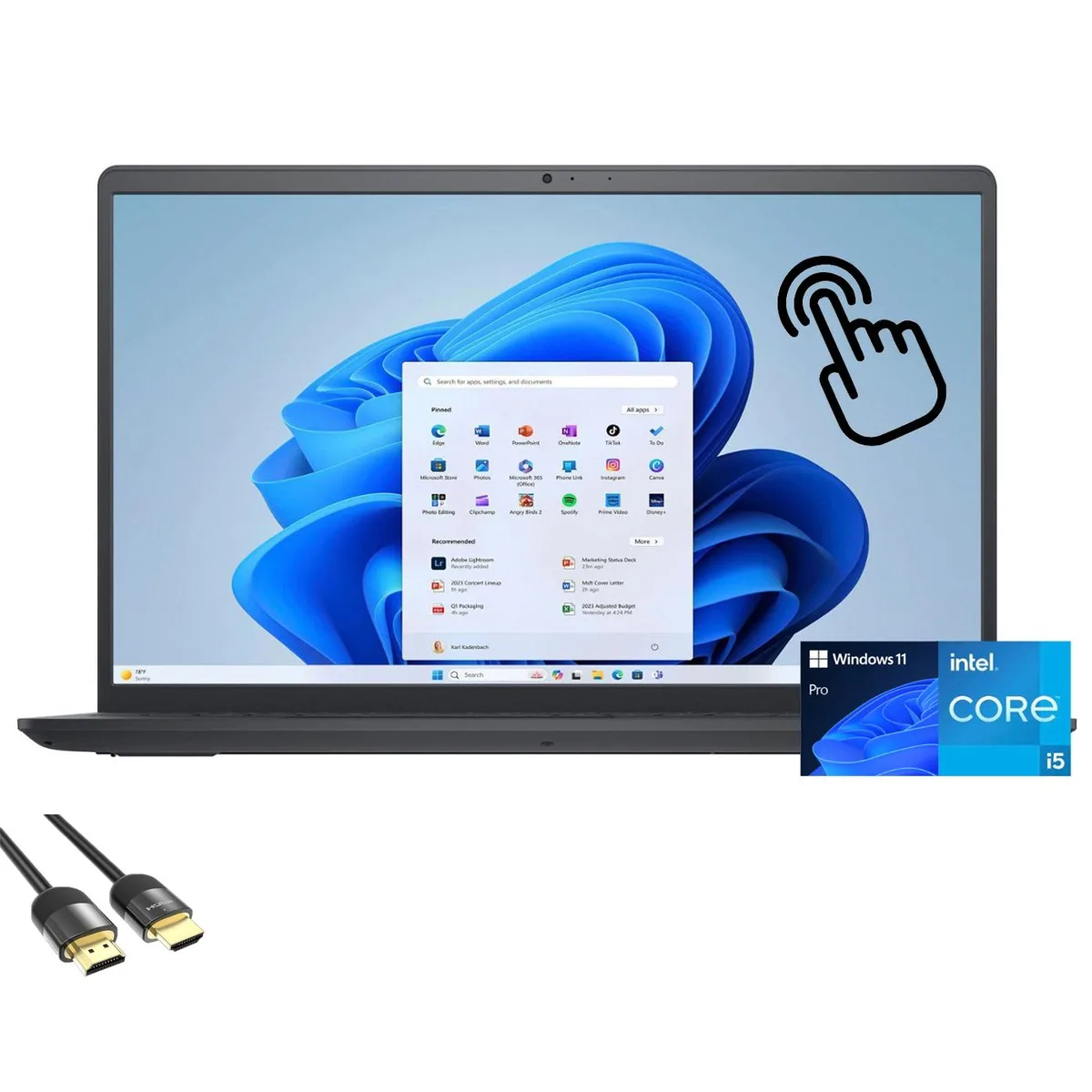 Silver Dell Inspiron 15 laptop open showing 15.6 inch touchscreen and keyboard with numeric keypad