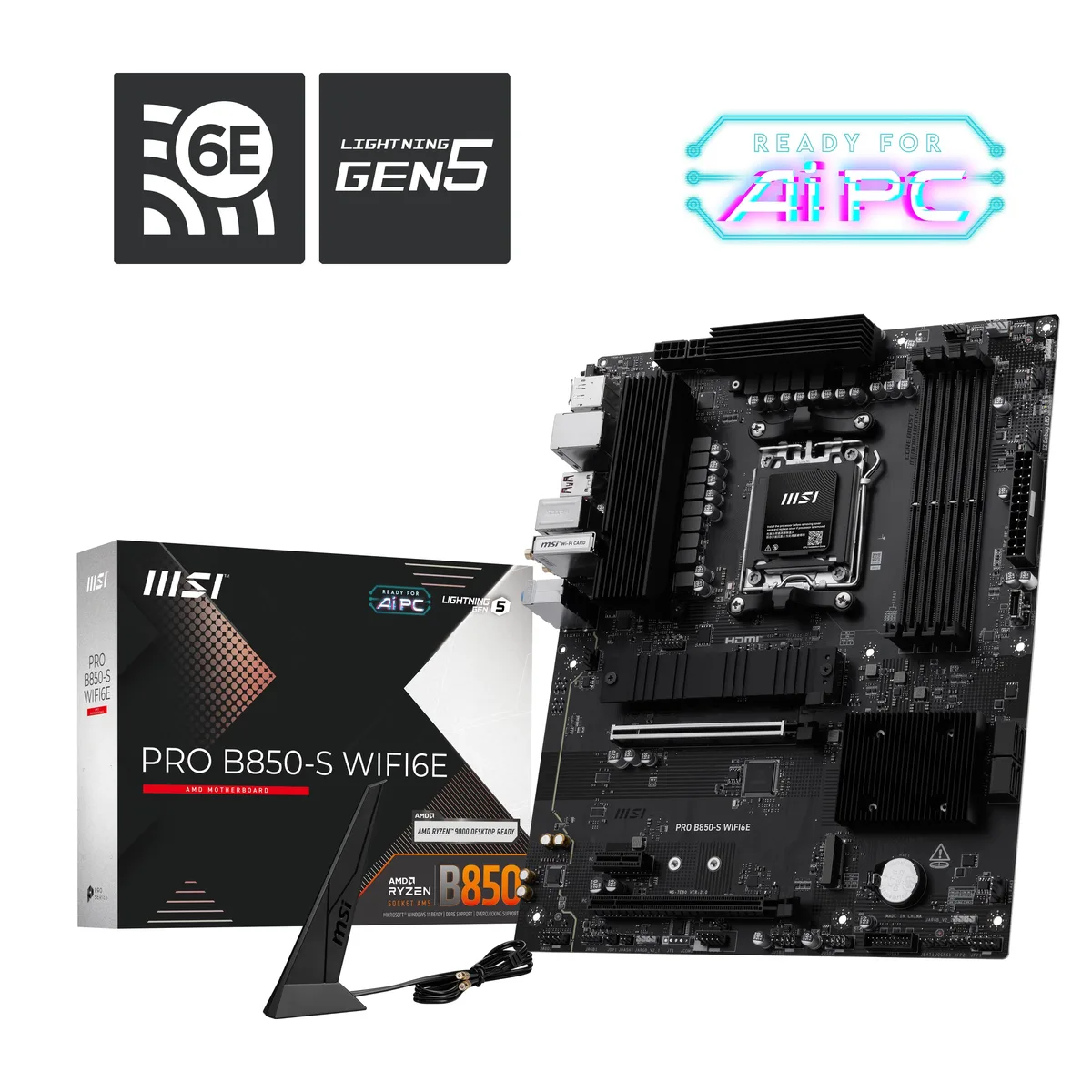 ATX motherboard in matte black with silver heatsinks and four DDR5 slots