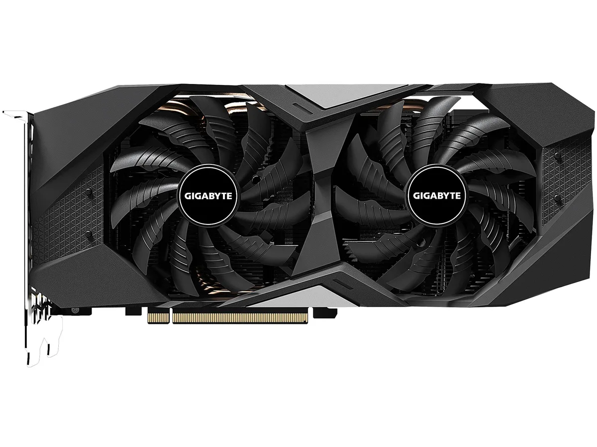 GIGABYTE GeForce RTX 2070 dual-slot graphics card with three fans, metal backplate, HDMI and three DisplayPort outputs