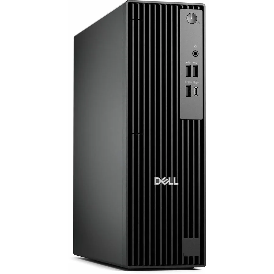 Slim silver desktop tower standing upright, narrow width, front USB ports visible