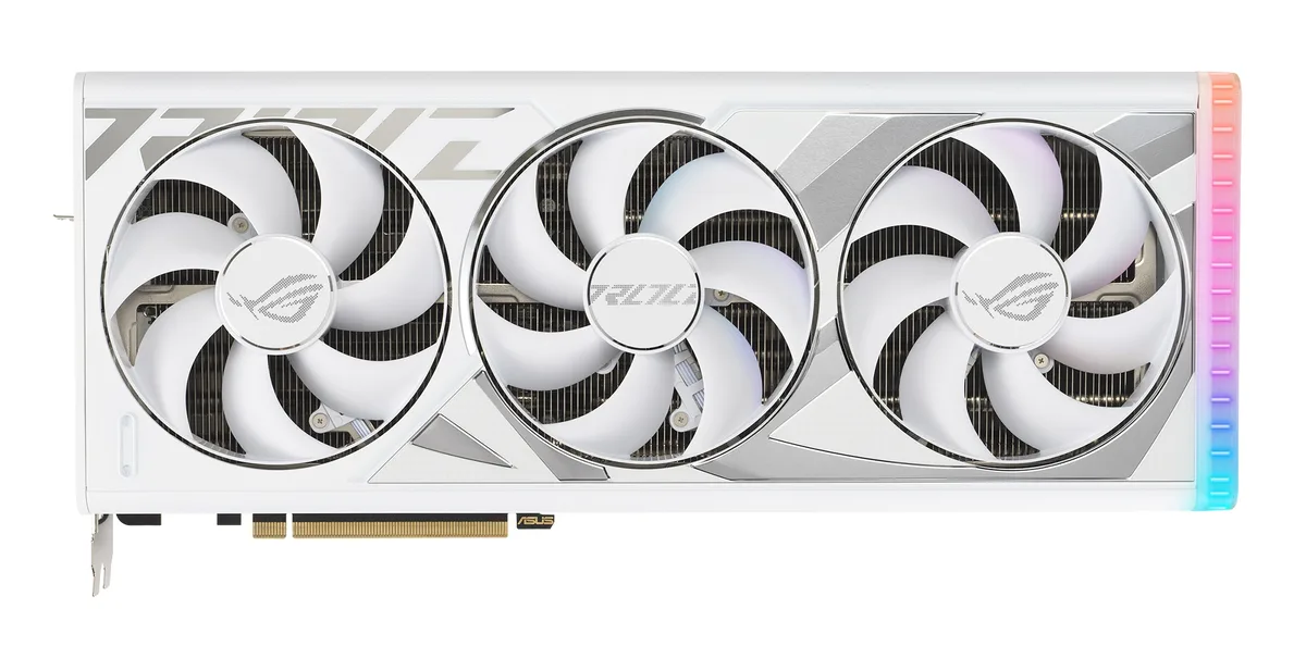 White triple-fan graphics card with vented backplate, 3.5-slot thickness