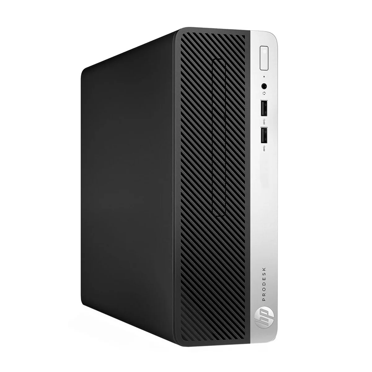 Compact black desktop tower with front USB ports and power button