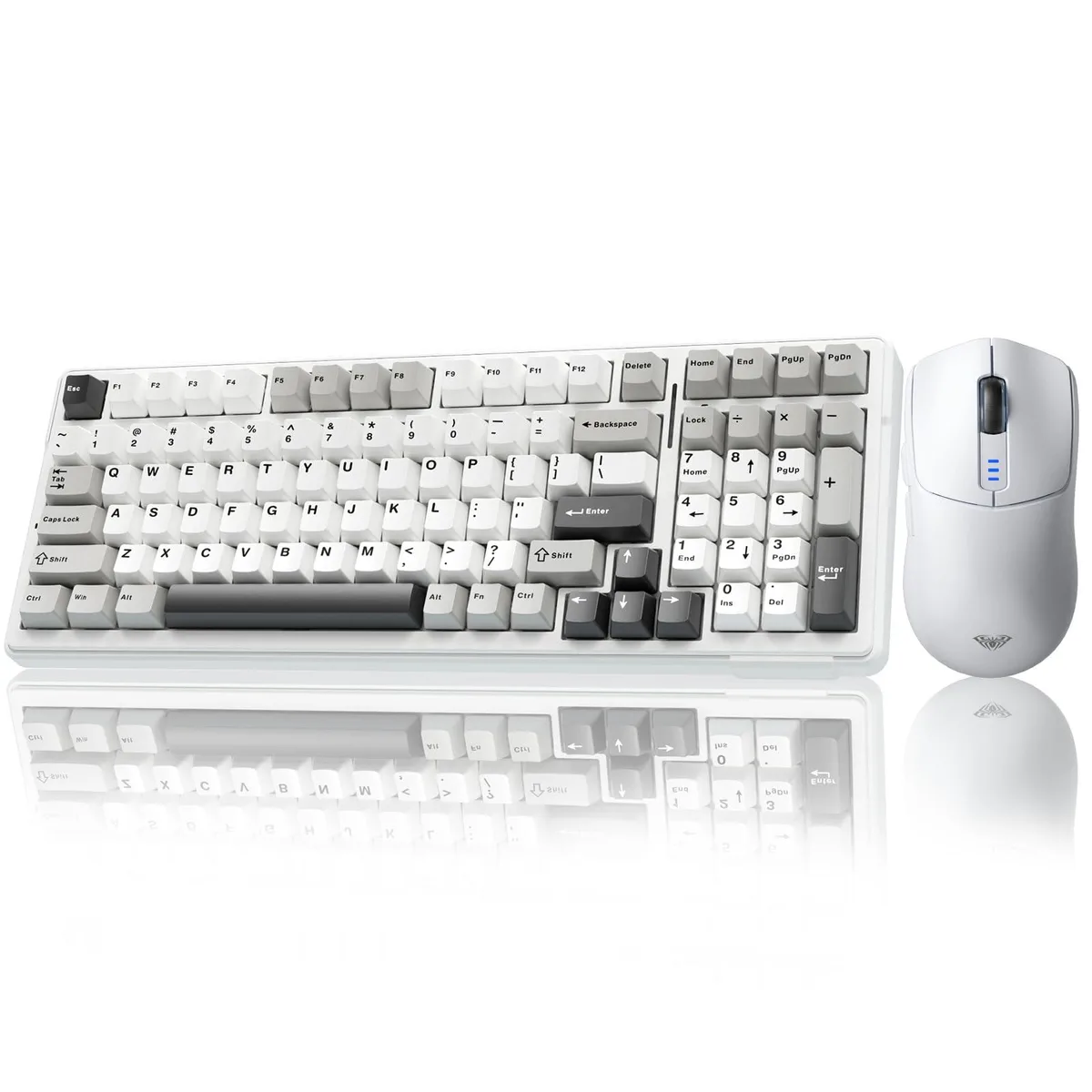 White F99 hot-swappable mechanical keyboard with SC580 wireless mouse, both in white finish