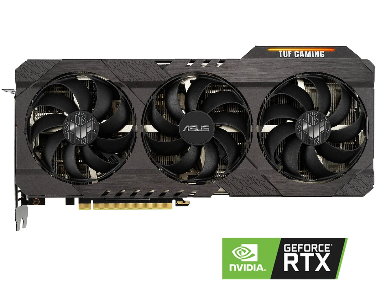 ASUS TUF Gaming RTX 3070 graphics card with triple fans and industrial silver shroud
