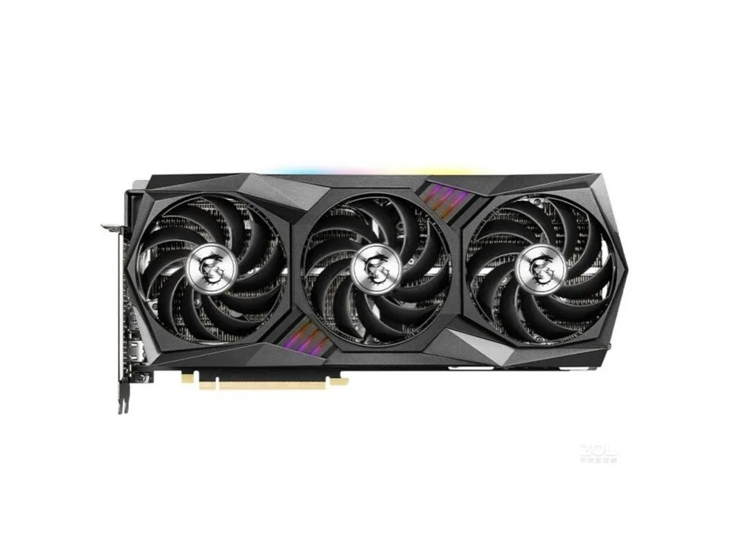 Triple-fan graphics card in silver and black with three 8-pin power connectors