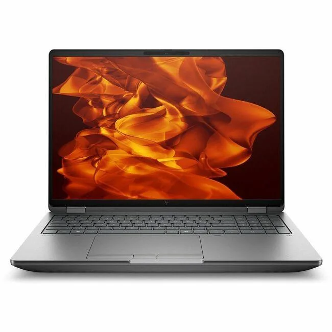 Silver 16 inch mobile workstation with webcam and keyboard