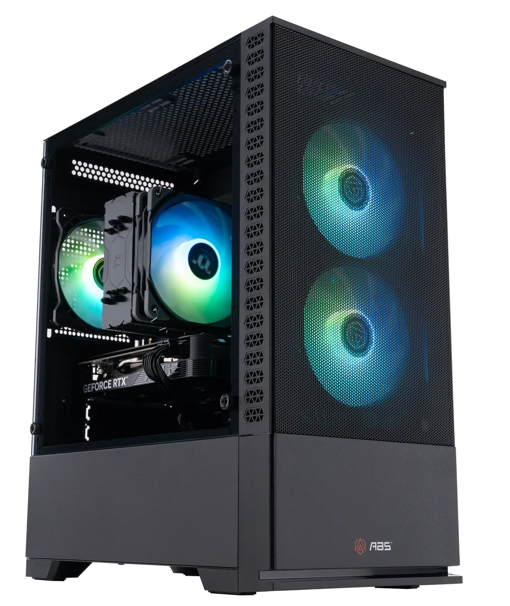 Black mid-tower gaming desktop with RGB lighting visible through glass side panel
