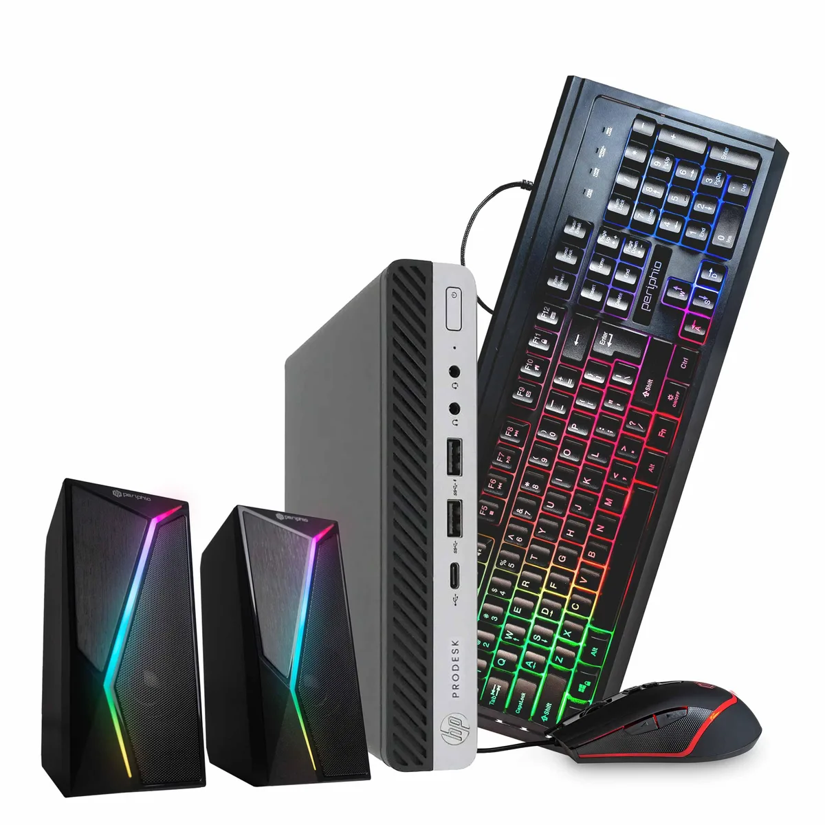 Compact black and silver mini desktop with keyboard mouse and RGB speaker