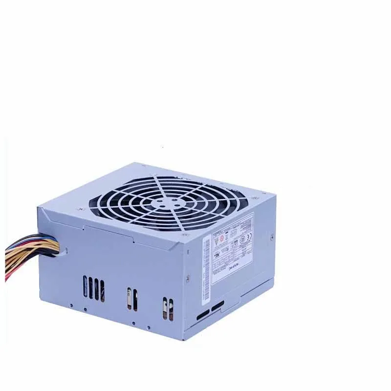 Black ATX power supply unit with fan grille and cable bundle