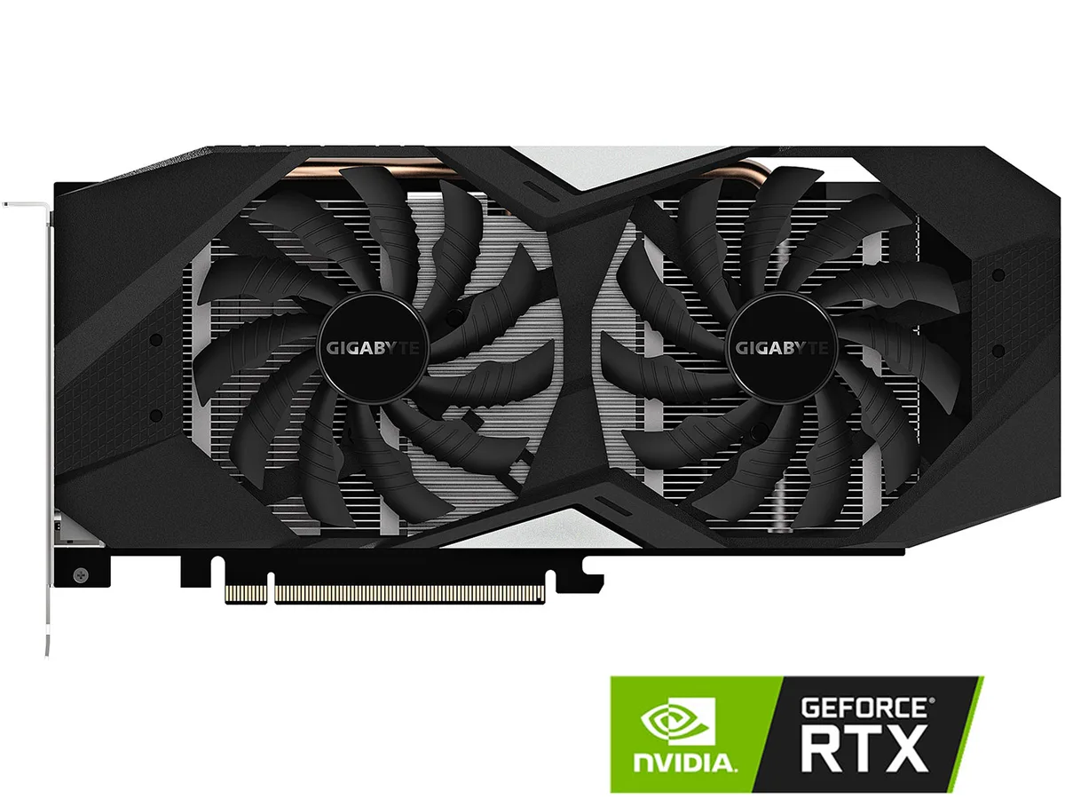 Black dual-fan graphics card with backplate, 2-slot ATX form factor