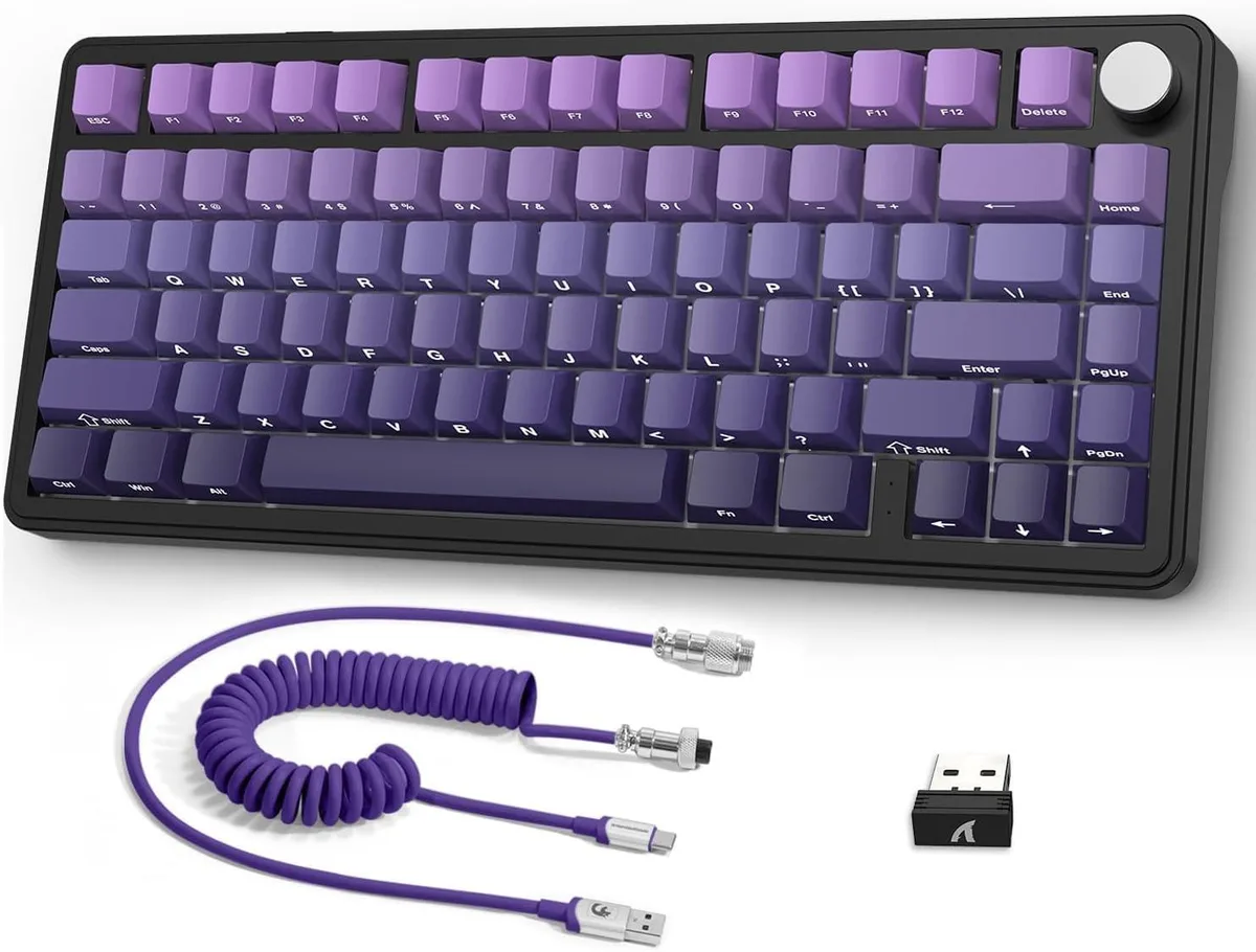 Purple compact 75% mechanical keyboard with rotary knob and coiled cable