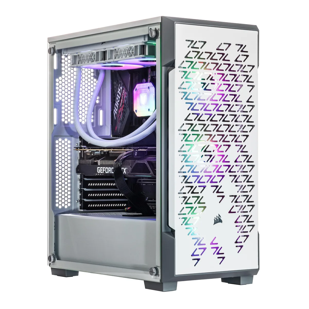 White mid-tower gaming desktop with RGB liquid cooler visible through side panel