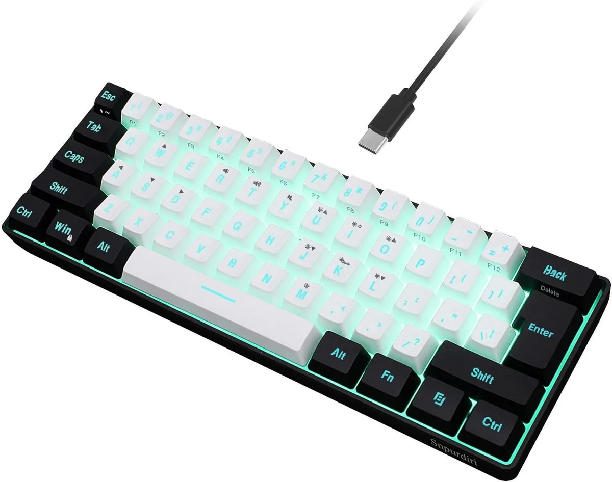 Compact 60 percent wired gaming keyboard in black and white with RGB backlighting and detachable USB Type C cable