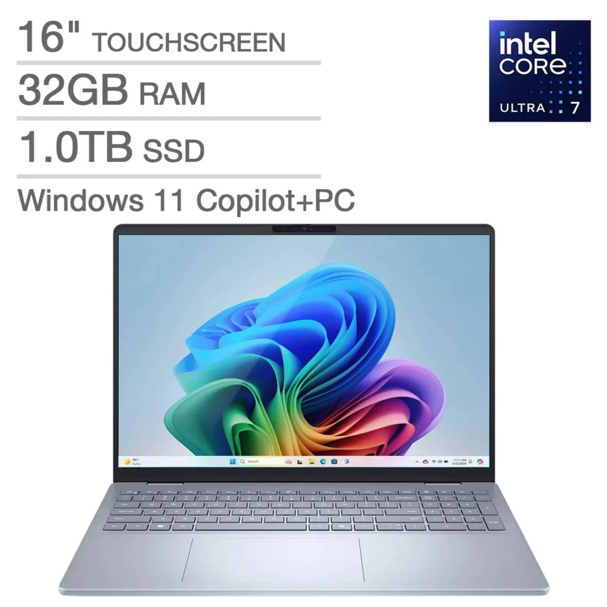 Ice Blue Dell 16 Plus laptop, 16 inch FHD+ touchscreen, clamshell form factor