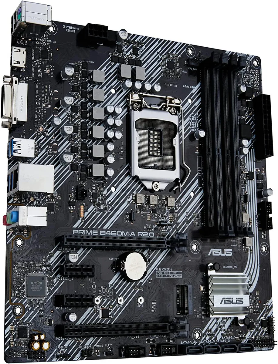 ASUS PRIME B460M-A R2.0 MicroATX motherboard with metallic heatsinks and rear I/O shield