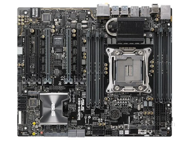 ATX motherboard with black PCB and silver heatsinks, LGA 2011-v3 socket, DDR4 slots, I/O shield and SATA cable included