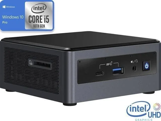 Small black square mini PC with front ports visible