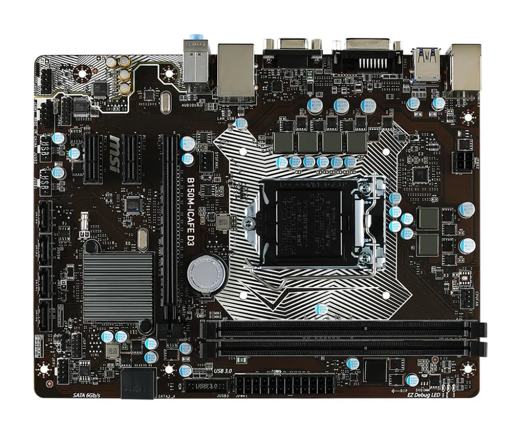 Green rectangular micro-ATX motherboard with black PCIe and silver DIMM slots, silver LGA 1151 socket, blue SATA ports