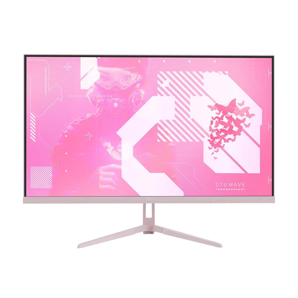 Pink 27-inch gaming monitor with frameless IPS panel and matching stand