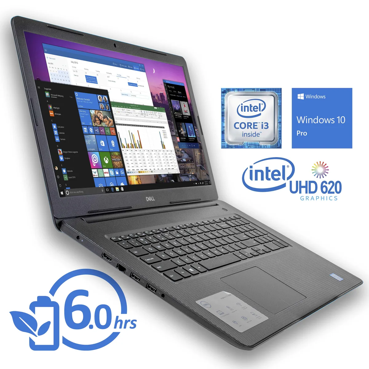 Black textured Dell Inspiron 3781 laptop open showing 17.3 inch FHD IPS display and numeric keypad