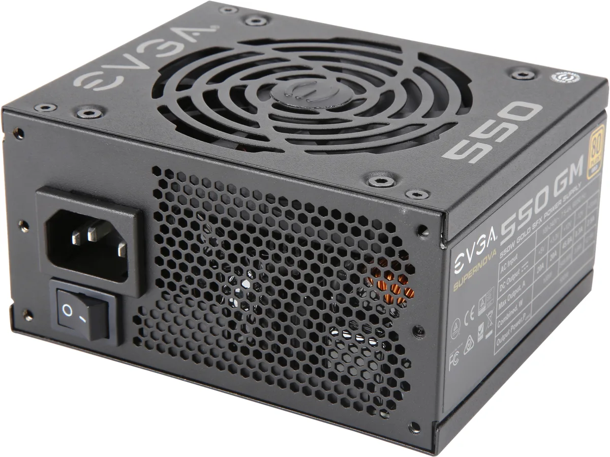 Compact SFX power supply unit with matte black finish and modular cable ports