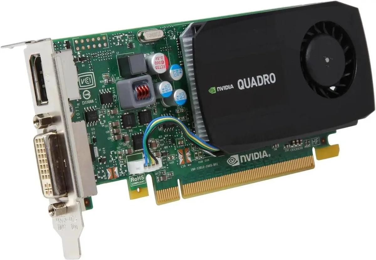 PNY Quadro K420 low-profile graphics card, single-slot, matte black PCB, silver bracket, DVI and DisplayPort outputs