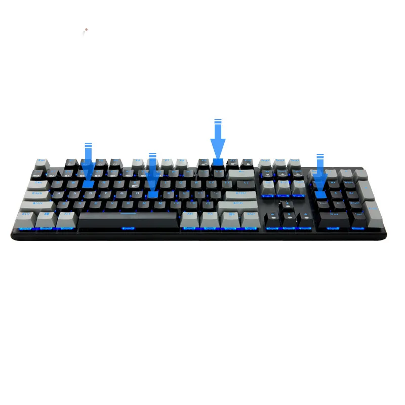 Full-size mechanical keyboard in black and grey with blue LED backlighting and 104 keys