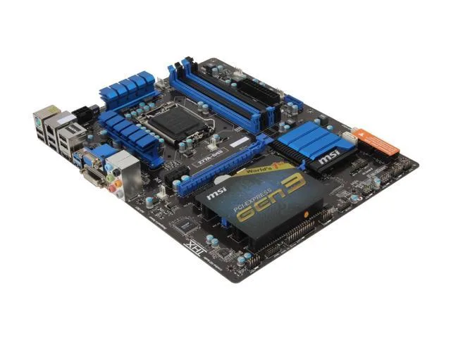 ATX motherboard with black PCB and silver heatsinks