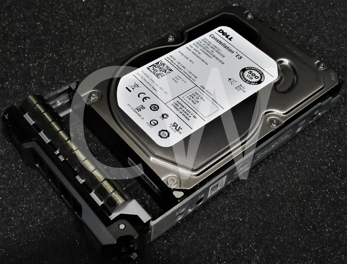 A silver 3.5 inch SAS hard drive in a black Dell R Series caddy tray