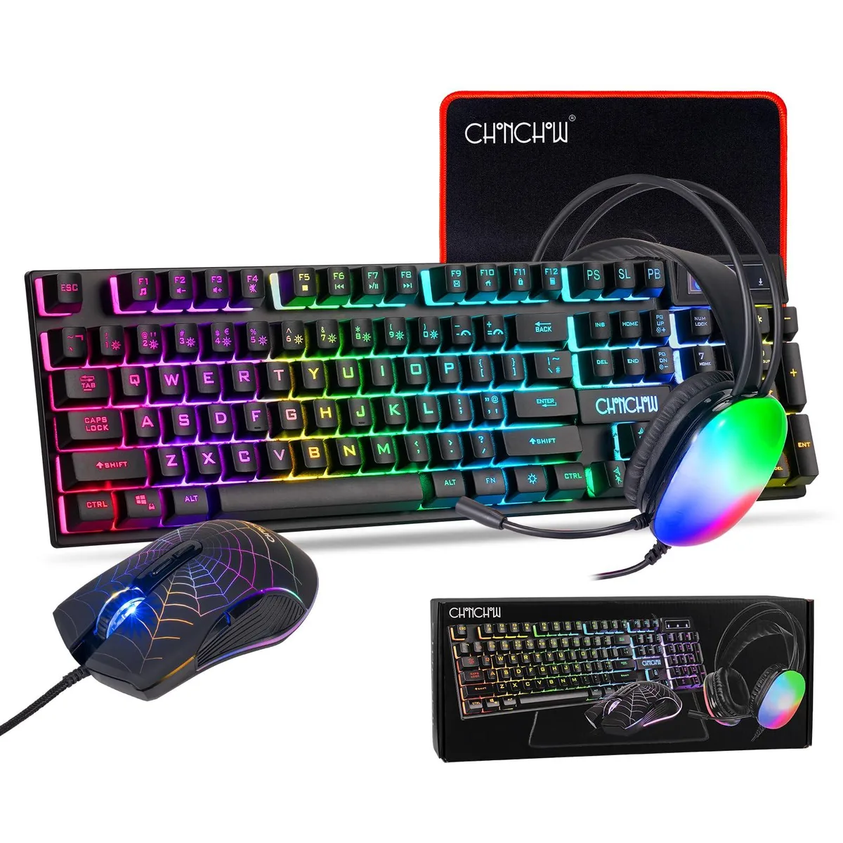 Black USB gaming bundle with keyboard, mouse, headset and mousepad on desk