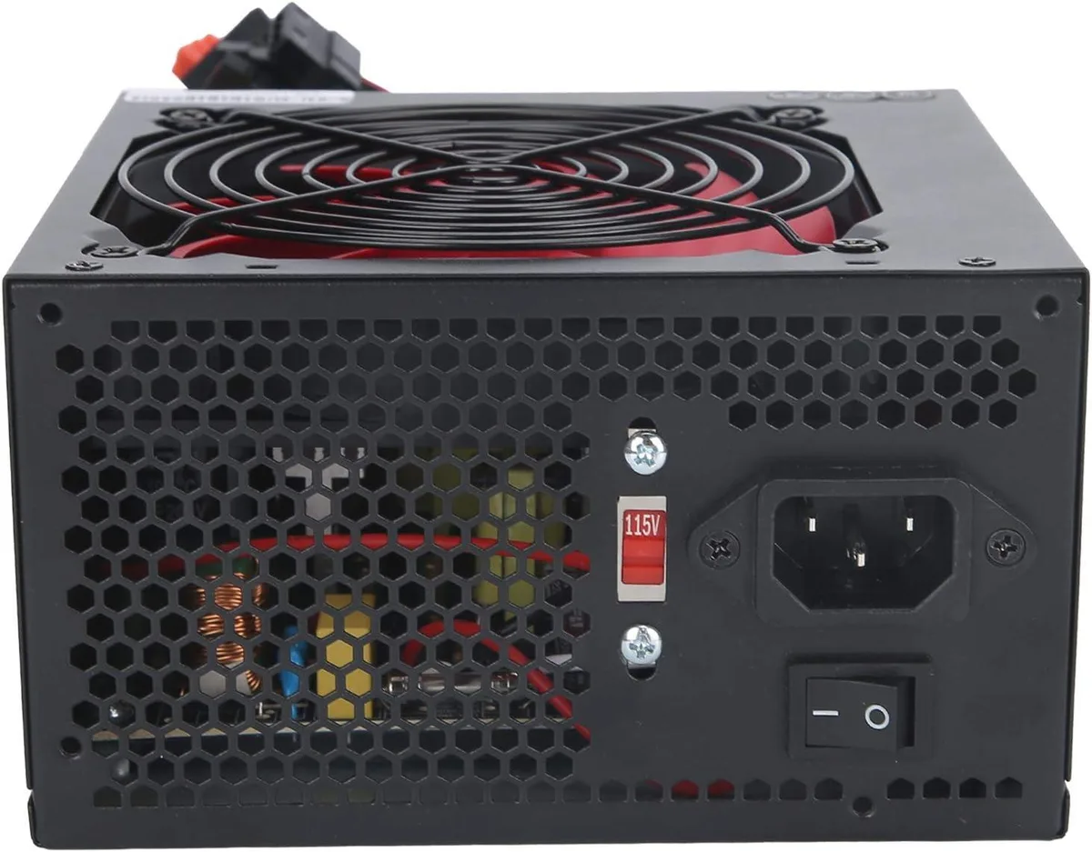 Rectangular ATX power supply with red 14cm fan and black metal casing