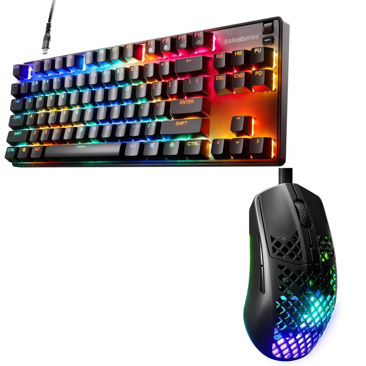 Tenkeyless keyboard with aluminium frame and PBT keycaps plus lightweight holey mouse