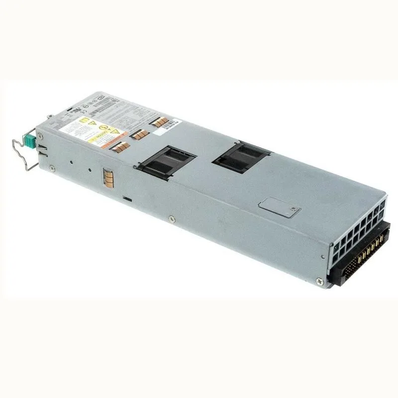 Rectangular metal power supply unit with ventilation grille and label markings