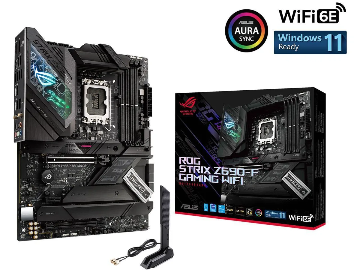 ATX motherboard in dark finish with silver heatsinks, LGA 1700 socket and DDR5 slots visible