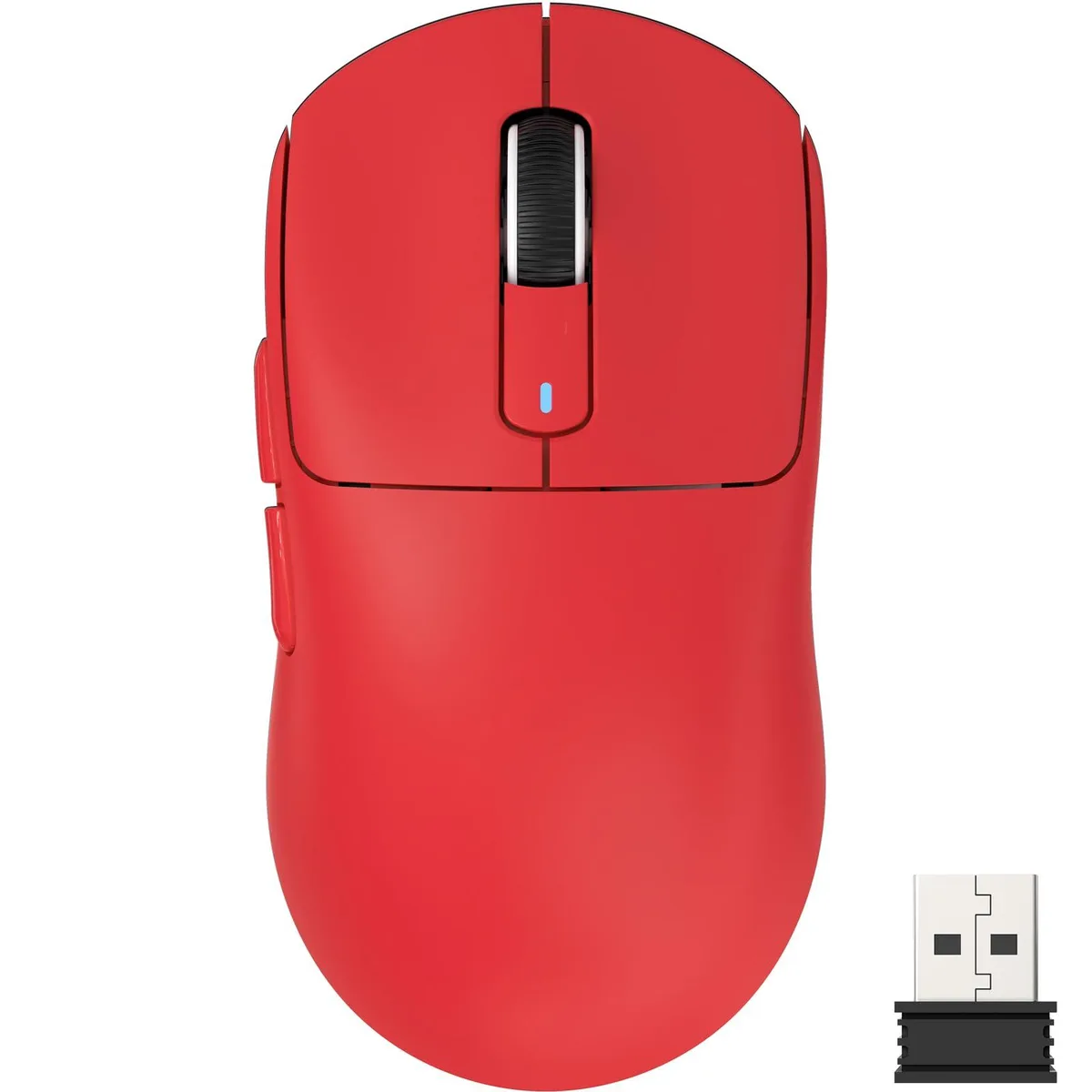 Red ultralight wireless gaming mouse, ergonomic shape, matte finish