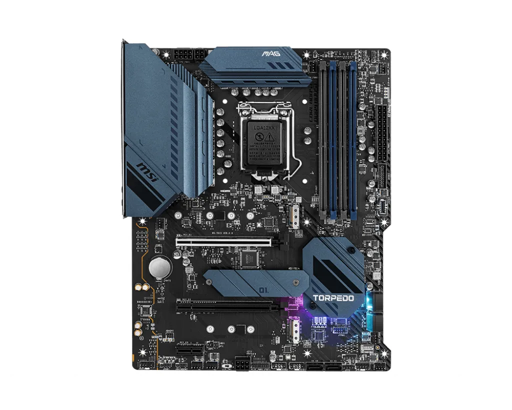 Black ATX motherboard with silver heatsinks and I/O shield