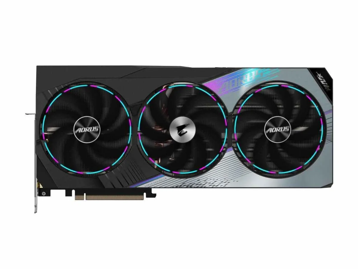 Triple-fan graphics card with silver metal shroud and backplate