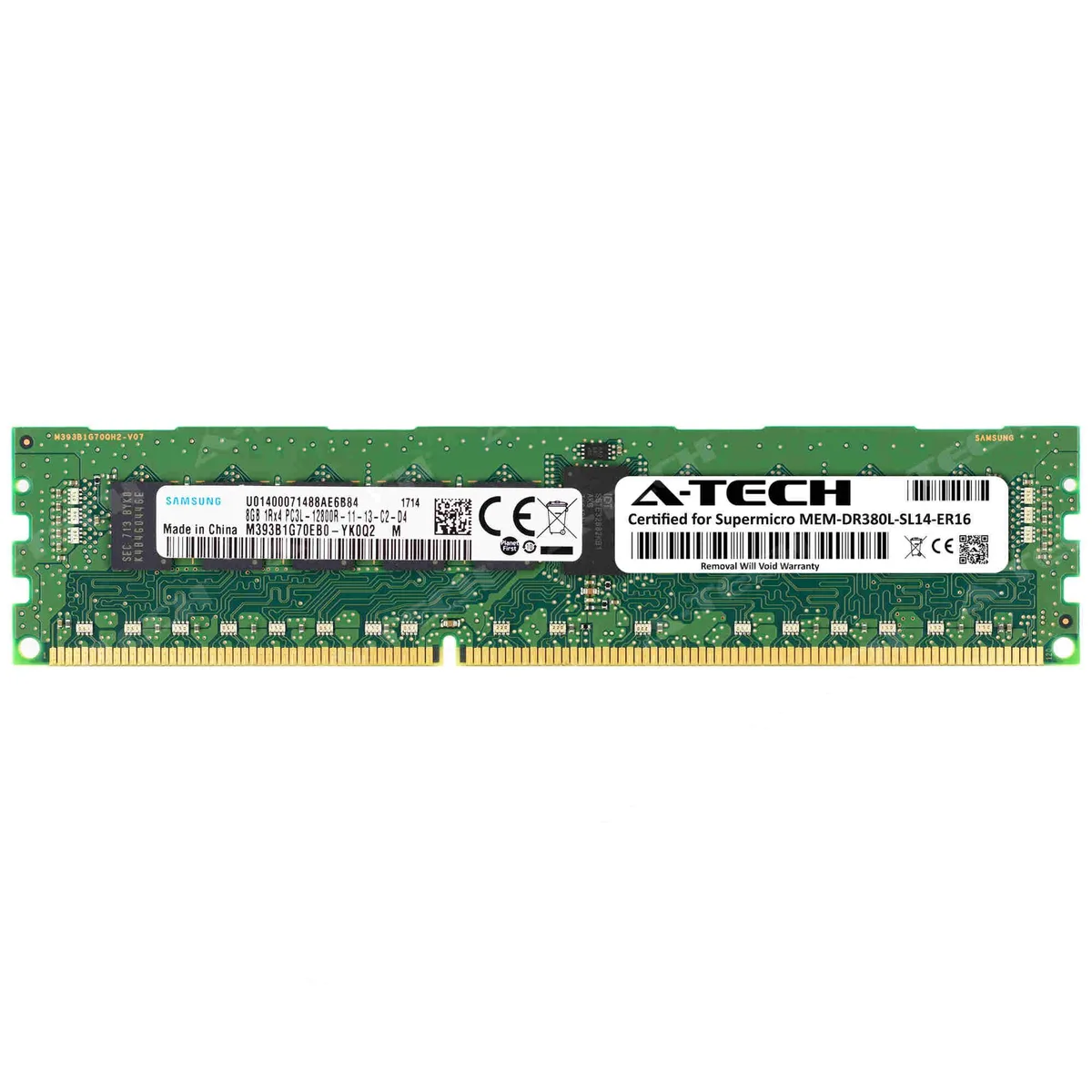 Green 240-pin DDR3L RDIMM module with black Samsung chips