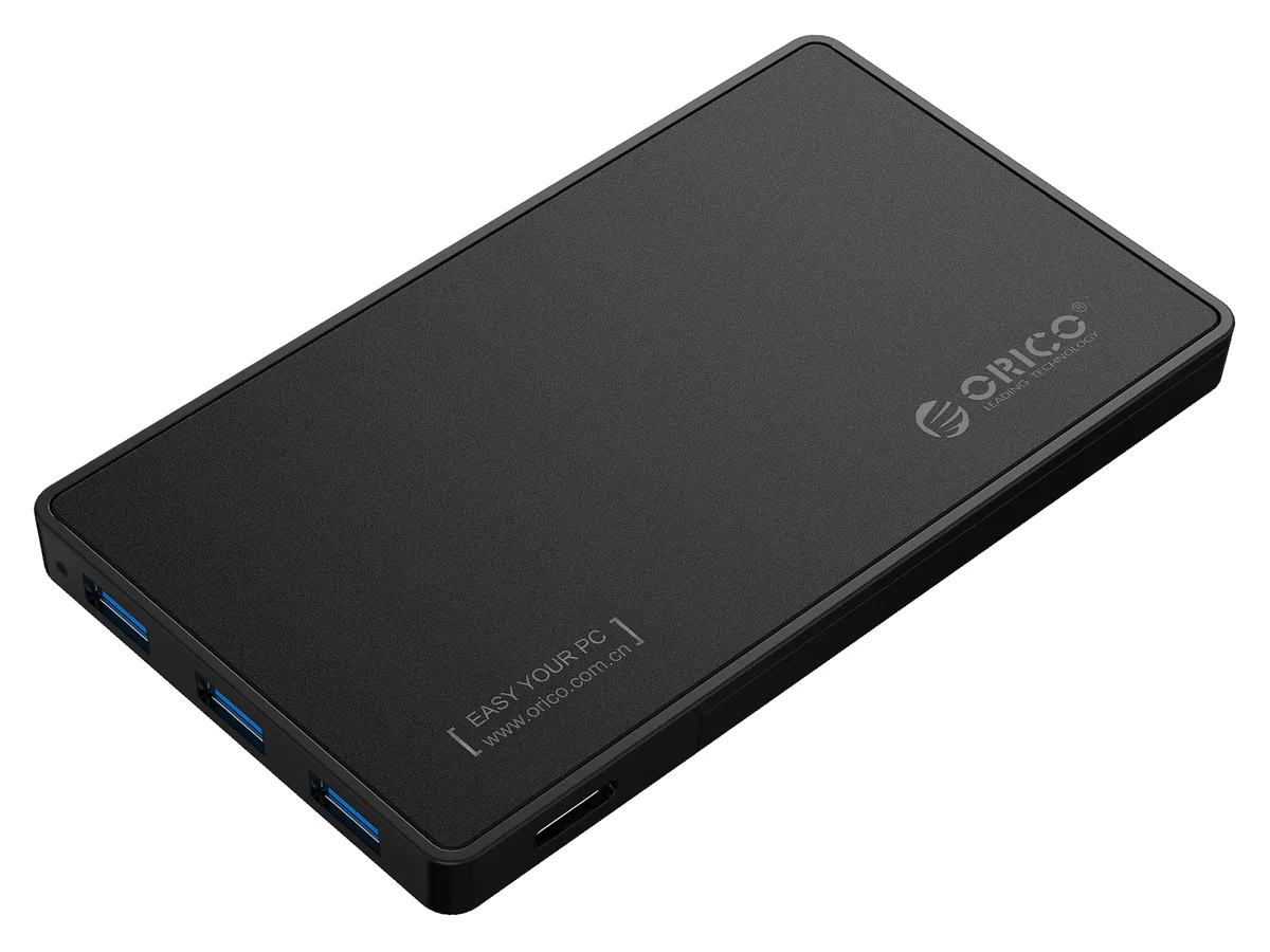 Black plastic 2.5 inch SATA drive enclosure with three USB 3.0 hub ports