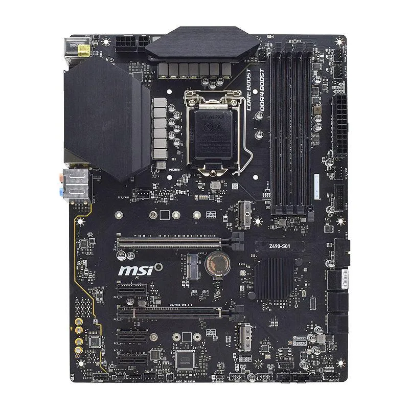 ATX motherboard with black PCB, silver heatsinks, LGA 1200 socket, four DDR4 slots, two M.2 slots, six SATA ports, HDMI