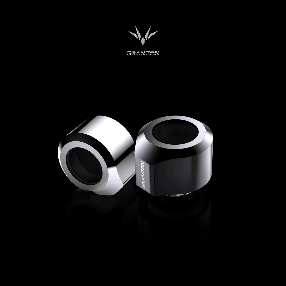 Four black and silver brass rotary fittings with G1/4 threads
